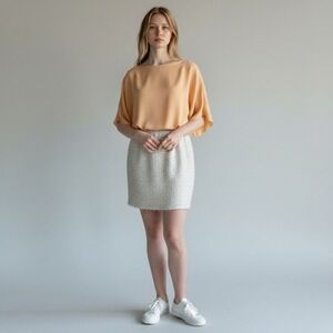 Mangano‎ Abito Keycee Peach Draped Cape Sleeve Metallic Tweed Skirt Dress TG42